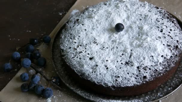 Čokoládový dort brownie velkoryse pokryté moučkovým cukrem stylově ležící vedle modré bobule. Ženská ruka zdobí bobule domácí koláč — Stock video