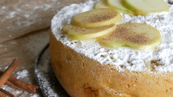 Traditionelle hausgemachte Apfelkuchenpuder mit Zimt. lecker frisch gebackener Apfelkuchen Charlotte — Stockvideo