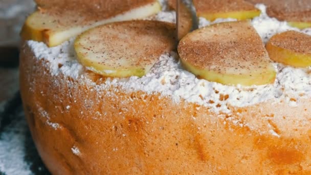 Faca corta uma torta vista de perto de deliciosa charlotte de torta de maçã exuberante recém-assada em pó com canela. Torta de maçã caseira tradicional — Vídeo de Stock