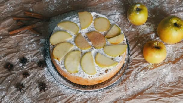Traditionele huisgemaakte appeltaart poeder met kaneel. Heerlijk versgebakken appeltaart charlotte bovenaanzicht — Stockvideo