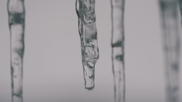 Fonte dégoulinant glaçons du toit au début du printemps macro vue de près. transparent belle glace fond à travers elle chute gouttes d'eau sont vus — Video