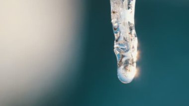 Güzel şeffaf yanardöner eriyen buz saçağı Tammy'nin tarih Pzr akan bir damla su.