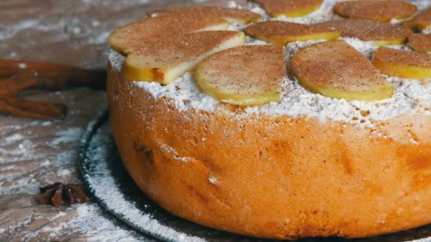 Köstliche frisch gebackene saftige Apfelkuchen Charlotte mit Zimt gepudert. traditioneller hausgemachter Apfelkuchen — Stockvideo