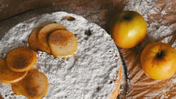 Vynikající perník jablkový koláč charlotte. Pohled shora na tradiční skořice a apple pie — Stock video