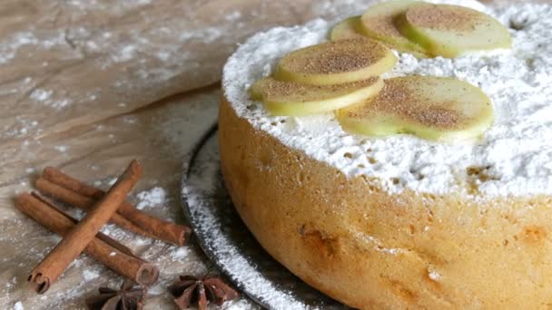Vynikající perník jablkový koláč charlotte. Tradiční skořice a apple pie zblízka — Stock video