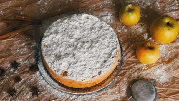 Vynikající perník jablkový koláč charlotte. Tradiční skořice a apple pie bohatě prášku moučkového cukru — Stock video