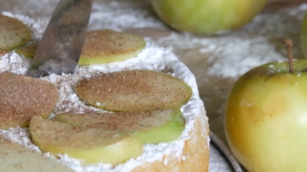 El cuchillo corta un pastel de cerca la vista de la deliciosa charlotte de pastel de manzana recién horneada y exuberante en polvo con canela. Tarta de manzana casera tradicional — Vídeos de Stock