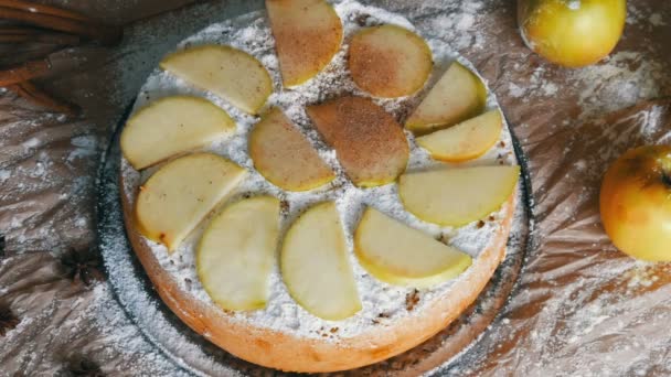Hagyományos házi almás pite por, fahéj. Finom, frissen sütött almás pite charlotte felülnézet — Stock videók