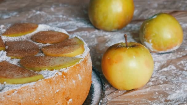 Vynikající perník jablkový koláč charlotte. Tradiční skořice a apple pie bohatě prášku moučkového cukru — Stock video