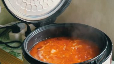 Sebze domates çorbası veya Pancar çorbası multicooker içinde kaynar. Vejetaryen yiyecekler