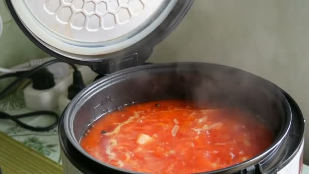 A sopa de tomate vegetal ou borscht ferve no multifogão. Comida vegetariana — Vídeo de Stock