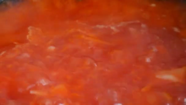 빨간 야채 수프 나 토마토 수프 냄비와 종 가까이 볼을 요리입니다. 채식 요리 — 비디오