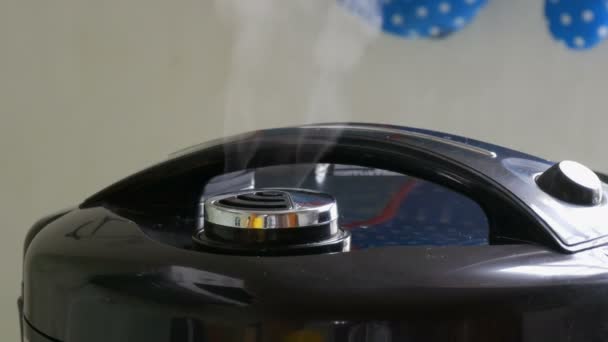 Steam comes out of the lid of black multicooker — Stock Video