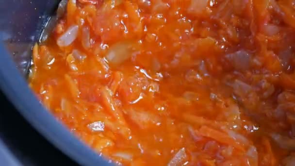 Havuç Soğan Bir Tavada Kavrulmuş Beyaz Mutfak Spatula Sebze Karıştırma — Stok video