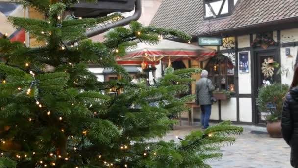 德国纽伦堡--2018年12月1日: 人们在圣诞市场漫步。传统的欧洲庆祝活动。街道上的圣诞树和装饰 — 图库视频影像