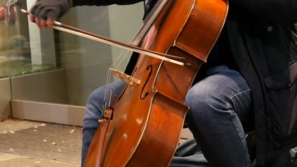 Straßenmusiker spielt Cello. Cellist in Handschuhen spannt sanft Saiten — Stockvideo