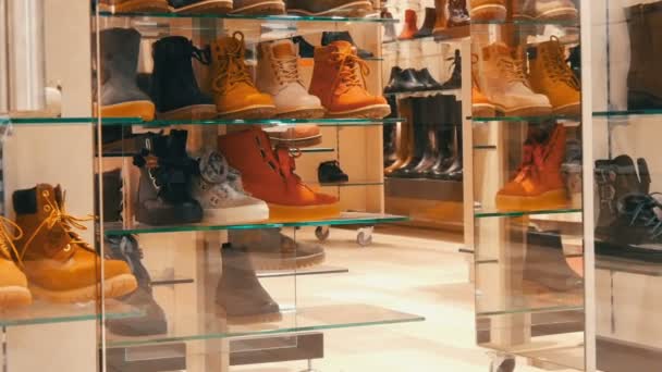 德国慕尼黑-2018年12月2日: 在其题字销售的玻璃陈列鞋店。时尚的秋冬鞋放在昂贵店面的柜台上。各种时尚鞋折扣 — 图库视频影像