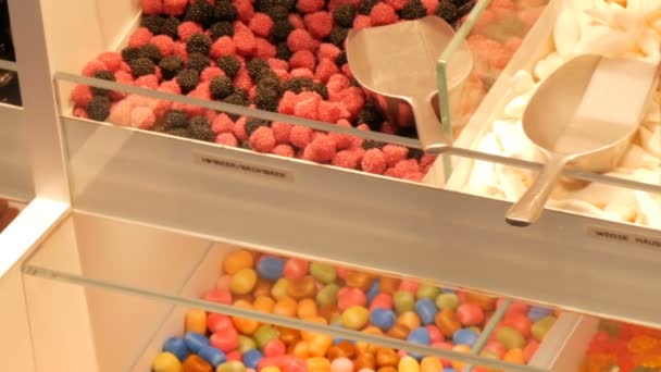 Diverse kleurrijke jelly snoepjes op teller op een food markt winkel, Duitse snoep namen, snoep wegen zijn in de buurt van de schoppen — Stockvideo