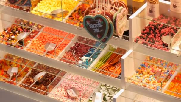 Разнообразные разноцветные конфеты с желе на прилавке в продуктовом магазине, немецкие имена конфет, взвешивание конфет находятся рядом с лопатами — стоковое видео