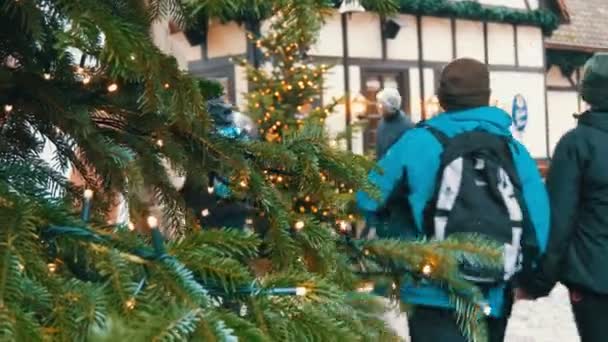 Nuremberg, Allemagne - 1er décembre 2018 : Les gens se promènent dans le marché de Noël. Fêtes traditionnelles européennes. Arbre de Noël et décor dans une rue — Video