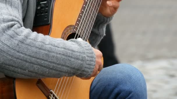 Nuremberg, Alemanha - 1 de dezembro de 2018: Profissional de guitarra de rua tocando habilmente guitarra acústica na rua. Mãos de guitarrista tocando uma guitarra de madeira — Vídeo de Stock