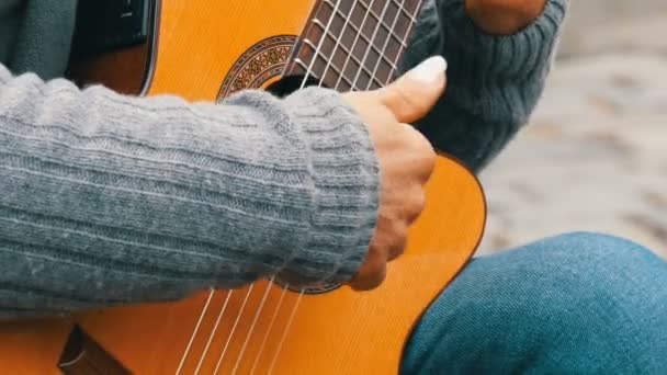 Nuremberg, Alemanha - 1 de dezembro de 2018: Profissional de guitarra de rua tocando habilmente guitarra acústica na rua. Mãos de guitarrista tocando uma guitarra de madeira — Vídeo de Stock