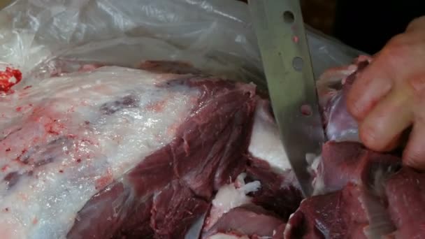 Un carnicero macho corta en pedazos un trozo grande de cerdo fresco con sangre y carne. — Vídeo de stock