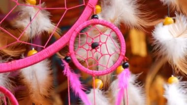 Rüzgarda sway bir dreamcatcher pembe tüyleri