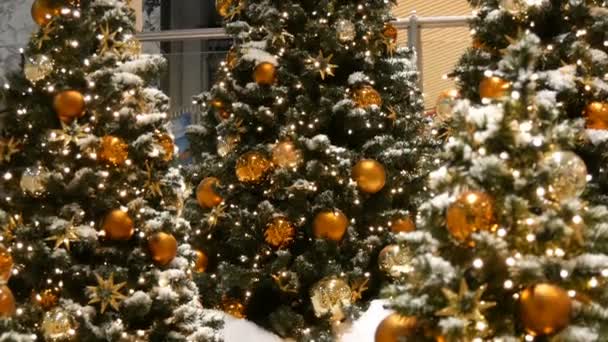 Tres árboles de Navidad bellamente decorados con grandes bolas de oro y plata, estrellas, guirnaldas y nieve artificial están de pie en el centro comercial — Vídeo de stock