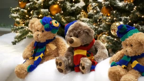 Три игрушечных медведя сидят под елками, красиво украшенные золотыми шариками и гирляндами, в торговом центре или торговом центре . — стоковое видео