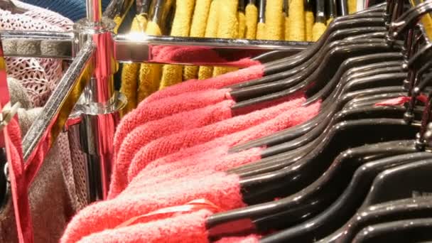 Norimberk, Německo – 3. prosince 2018: Stylové oblečení visí v řadě na ramínkách v obchodě s oděvy v obchoďáku. — Stock video
