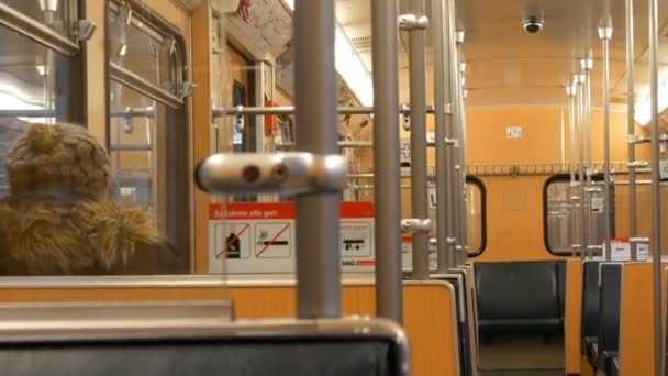 ニュルンベルク, ドイツ - 2018 年 12 月 3 日: 地下鉄車の地下鉄列車の中をほぼ空します。ドイツ語の碑文. — ストック動画