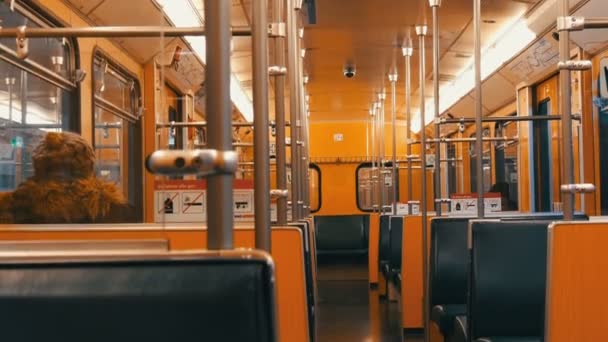 Nuremberg, Germany - December 3, 2018: Almost empty the subway car metro trains inside. Inscriptions in German. — Stock Video