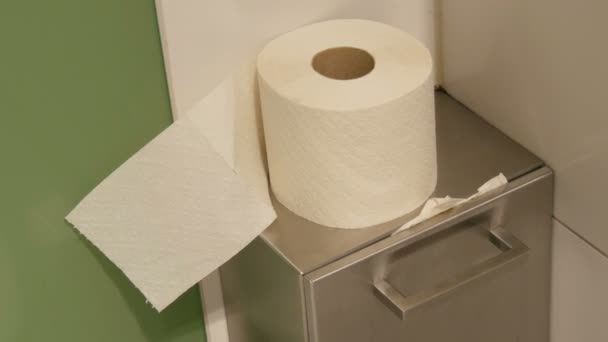 Roll of white toilet paper in the cubicle of a public toilet — Stock Video