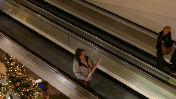 Nuremberg, Alemanha - 1 de dezembro de 2018: árvore de Natal lindamente decorada no fundo de duas escadas rolantes no shopping que sobem e descem em que os compradores ficam — Vídeo de Stock