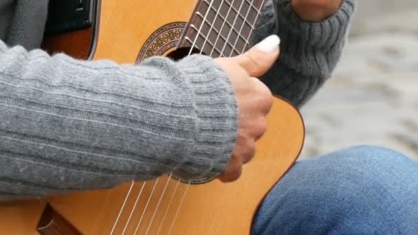 Нюрнберг, Німеччина - 1 грудня 2018: Вулиця гітара професійна гра, вміло грав акустичній гітарі на вулиці. Руки гітарист грав на гітарі дерев'яні — стокове відео