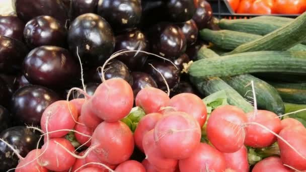 Різні овочі на прилавку продуктовому ринку. Здорове харчування, волокна, дієта, напис угорською мовою. — стокове відео