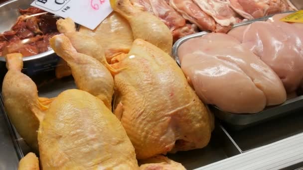 Grande carcassa di pollo sulla vetrina o sul bancone della macelleria . — Video Stock