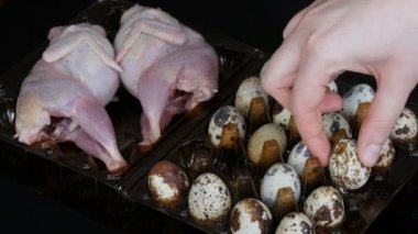 Siyah bir arka planda bıldırcın yumurtalarının yanında plastik kahverengi bir tepsi içinde bıldırcın taze et. Kadın elleri tepsiye yumurta koydu.