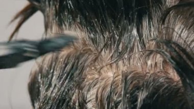 Özel fırça ile saçlarını kendi renklendiren orta yaşlı bir kadının büyümüş gri kökleri. Beyaz bir arka planda bir kadınların kafası koyu saçlı ve beyaz kökleri. Salon yakın görünüm saç bakımı.