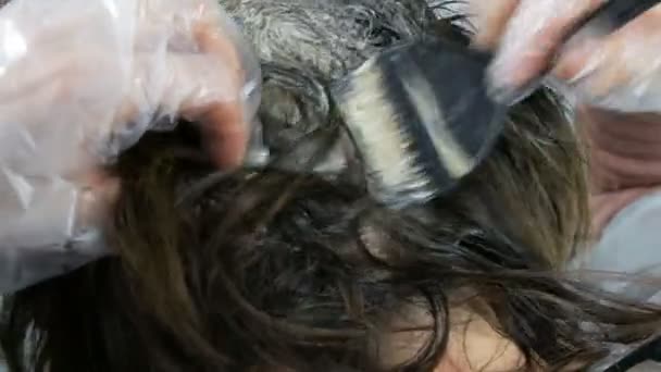 Capelli grigi alle radici delle donne, radici grigie troppo cresciute di una donna di mezza età che si deve i capelli con una spazzola speciale, guarda da vicino. Cura dei capelli vista da vicino — Video Stock