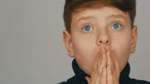 Portrait of a funny red-haired teen boy with blue eyes and freckles who is surprised on a white background in studio — Stock Video © Milkare #251256022 Portrait of a funny red-haired teen boy with blue eyes and freckles who is surprised on a white background in studio — Stock Video © Milkare #251256022
