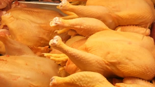Μεγάλο κοτόπουλο σφάγιο στην βιτρίνα κρεοπωλείου ή μετρητή. — Αρχείο Βίντεο