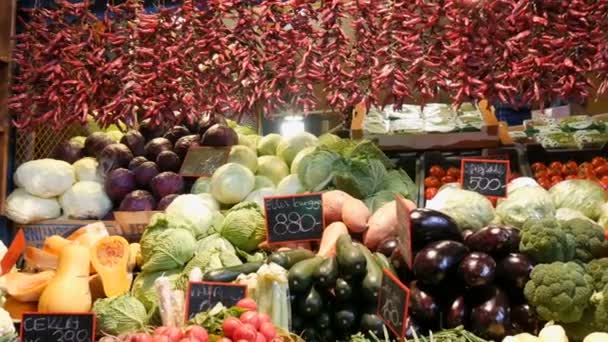 Boedapest, Hongarije-6 december, 2018: diverse groenten op de toonbank van de supermarkt. Gezonde voeding, vezels, dieet, inscriptie in het Hongaren. — Stockvideo