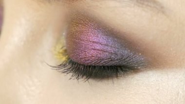Sarı mor gri gümüş rengi kahverengi gözlü güzel kız modeli göz kapağı üzerinde ile moda çok renkli göz farı bukalemun. Profesyonel kozmetik makyaj. Gözünü kapat görünümü