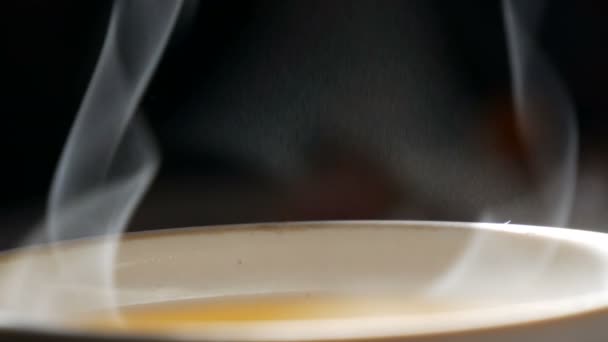 Dampftröpfchen, die langsam aus der Tasse Tee aus nächster Nähe aufsteigen. weißer Dampf steigt leicht auf, anmutige Wendungen auf schwarzem Hintergrund — Stockvideo