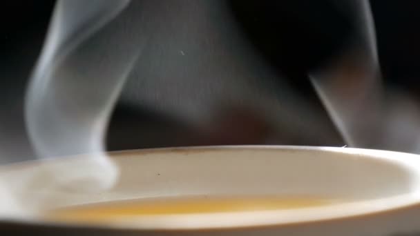 Dampftröpfchen, die langsam aus der Tasse Tee aus nächster Nähe aufsteigen. weißer Dampf steigt leicht auf, anmutige Wendungen auf schwarzem Hintergrund — Stockvideo