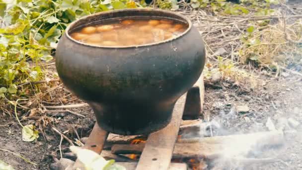 屋外で火の上で沸騰されるジャガイモと巨大な鍋 — ストック動画