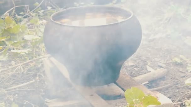 Riesiger Topf mit einer Kartoffel, die auf einem Feuer im Freien gekocht wird — Stockvideo