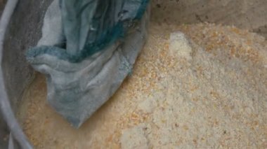 Tahıl taşlama için özel makinede Mısır Kepeği veya gevreği. Cornmeal veya rendelenmiş Mısır yakın görünüm